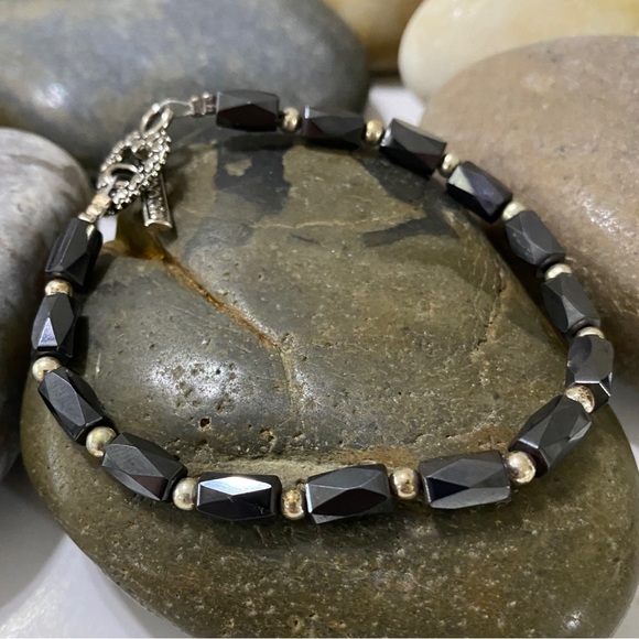 Handmade Magnetic Hematite Gun Metal Grey and Sterling Silver Boho Bracelet - Picture 2 of 4